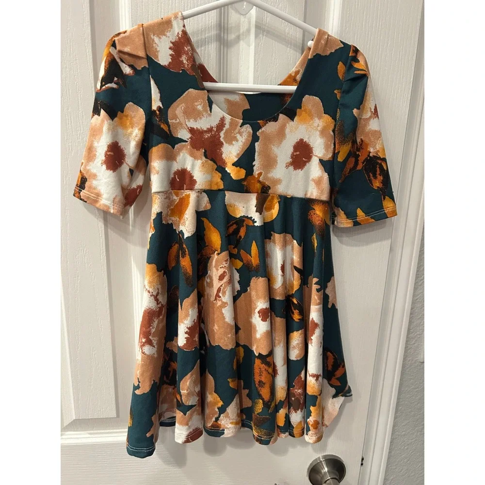 River‎ and Jax Girls Floral Skater Dress Teal Rust Orange Short Sleeve Size 2T